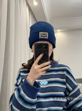 显白宝蓝色~焦糖色针织帽女韩国ins潮显脸小贴布帽子秋冬细毛线帽