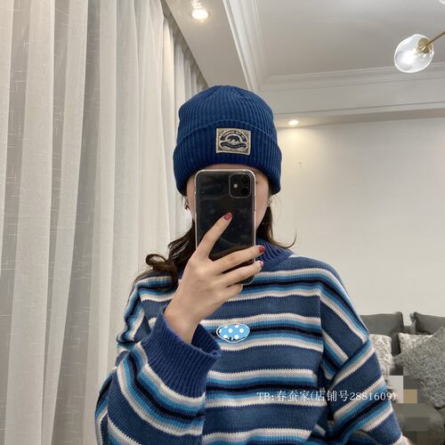 显白宝蓝色ins风日系贴布针织帽
