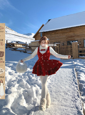 安妮不火甜美系蝴蝶结绣花呢料背心连衣裙女微胖大码圣诞两件套装