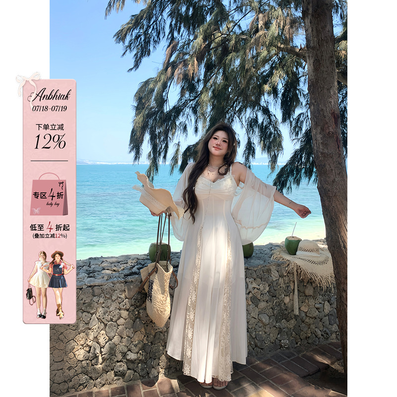 安妮不火 塞纳杏蝶笺 蝴蝶蕾丝雪纺仙女裙微胖大码收腰吊带裙套装