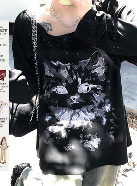长袖慵懒风猫咪印花T恤