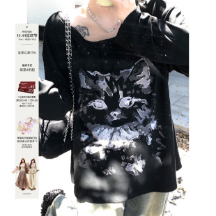 安妮不火 慵懒感显瘦猫咪印花T恤女秋冬新款微胖大码宽松长袖上衣