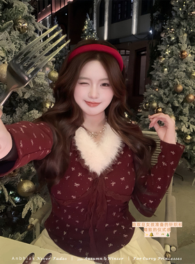 安妮不火 圣诞蝴蝶结蕾丝花边毛毛领针织衫女微胖大码收腰小上衣