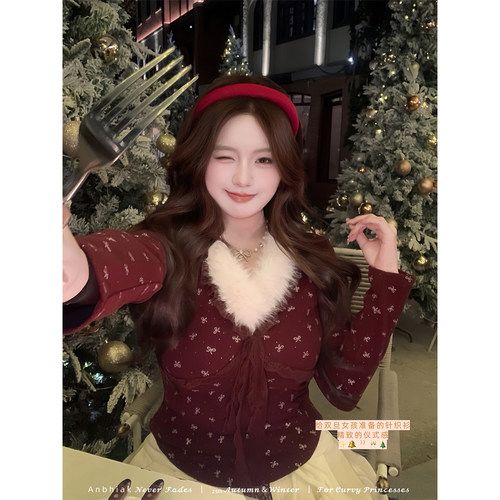 安妮不火 圣诞蝴蝶结蕾丝花边毛毛领针织衫女微胖大码收腰小上衣