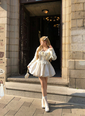 安妮不火 雪尼尔蕾丝缎面拼接花苞公主裙女微胖大码气质两件套装