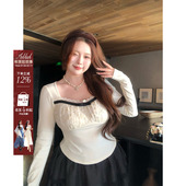 微胖大码 安妮不火 甜欲蕾丝蝴蝶结拼接高弹毛针织衫 收腰显瘦上衣