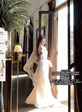 安妮不火银戒吻痕气质鱼骨雪纺女神拖尾裙女新款微胖大码半透视裙