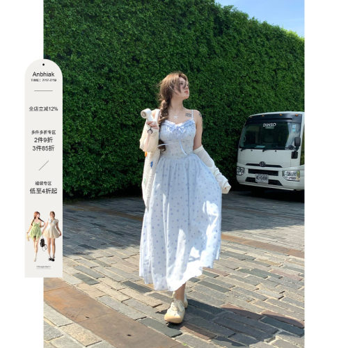 安妮不火 甜美海边度假风木耳边碎花吊带裙女微胖大码温柔连衣裙
