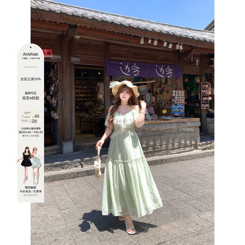 安妮不火 度假风蕾丝花边碎花雪纺吊带裙女微胖大码收腰显瘦长裙