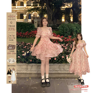 荷叶边连衣裙 微胖大码 安妮不火 玫瑰碎花裙子女收腰2024春夏新款