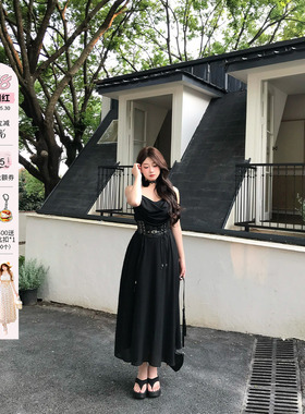 安妮不火 墨羽纤腰高级感收腰荡领吊带裙女微胖大码黑色吊带长裙