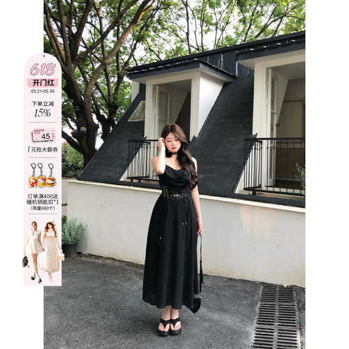 安妮不火 墨羽纤腰高级感收腰荡领吊带裙女微胖大码黑色吊带长裙