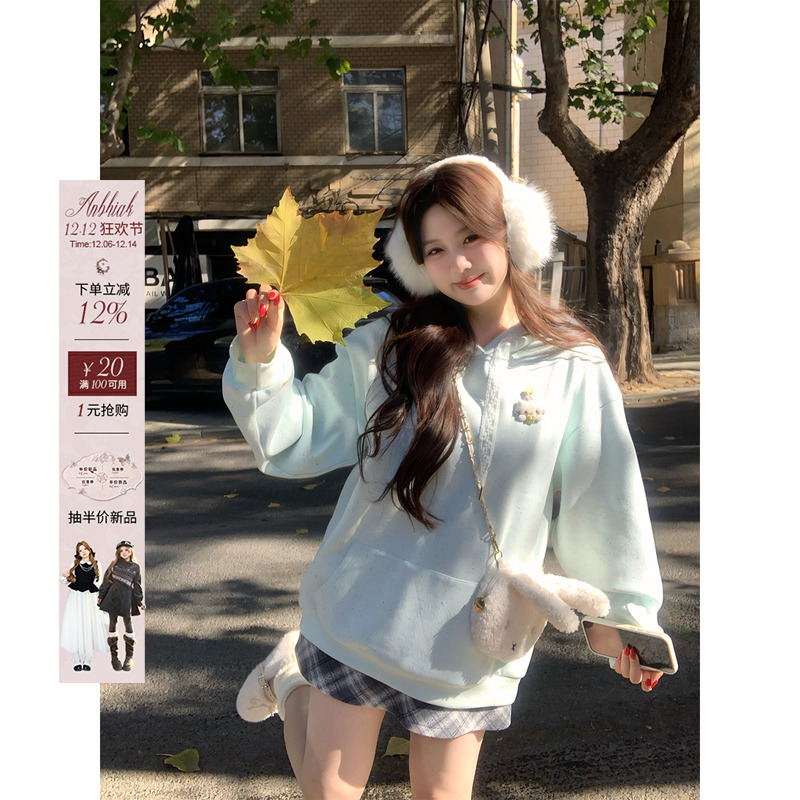 安妮不火猫咪胸针复合奥粒绒连帽卫衣女微胖大码可爱保暖卫衣外套