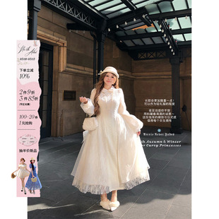 安妮不火 娃娃领欧根纱拼接绞花毛织裙女微胖大码收腰重工连衣裙