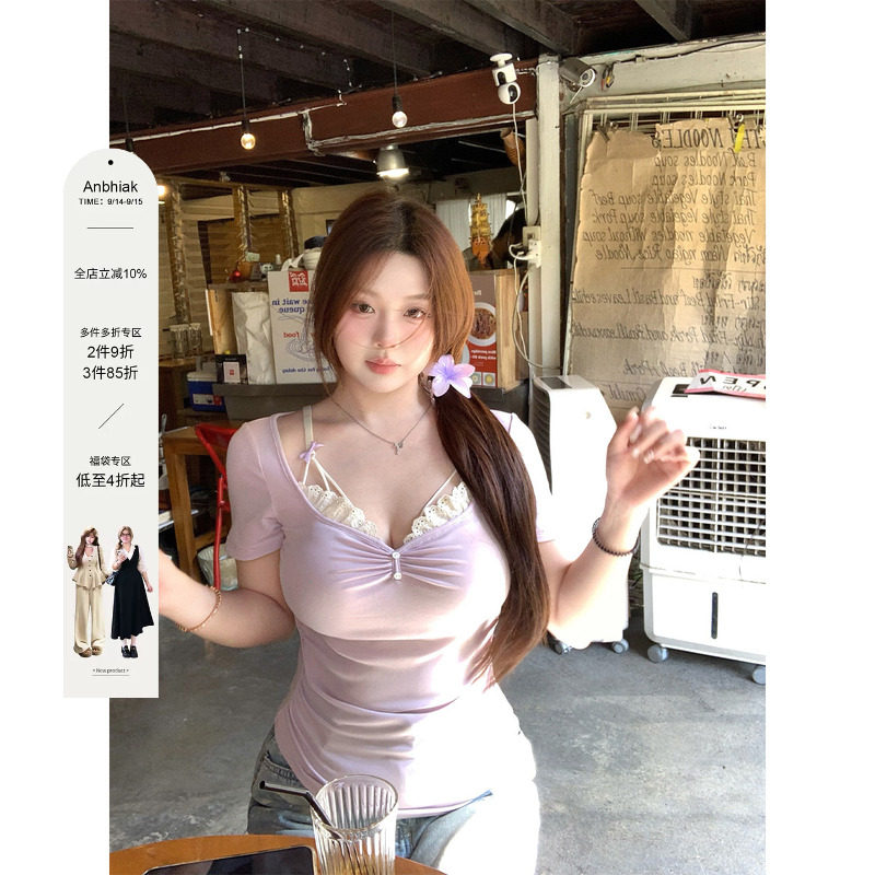 安妮不火 假两件花边拼接领莱赛尔高弹T恤女微胖大码纯欲收腰上衣图片