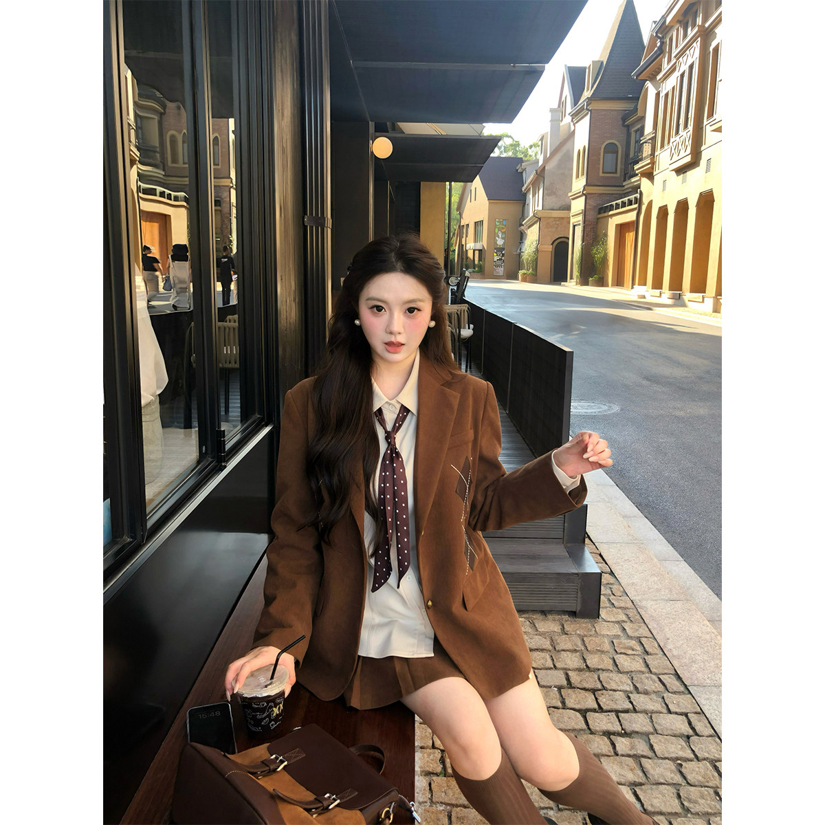 安妮不火 减龄学院风格纹贴布绣三件套女微胖大码灯芯绒西装外套