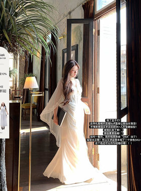 安妮不火银戒吻痕气质鱼骨雪纺女神拖尾裙女新款微胖大码半透视裙