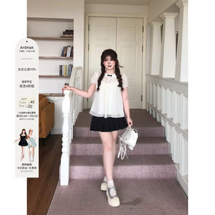 安妮不火 娃娃领波点雪纺衫+百褶裙套装女微胖大码韩系甜美两件套