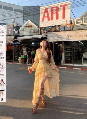 安妮不火 碎花荷叶边V领雪纺度假连衣裙女春微胖大码不规则长裙子