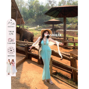 收腰裙 微胖大码 安妮不火 盐砂吻浪度假风挂脖网纱礼服裙女夏新款