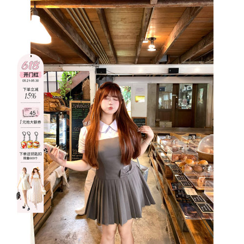 安妮不火学院风假两件蝴蝶结百褶连衣裙女微胖大码收腰显瘦小裙子