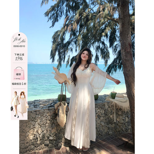 安妮不火 塞纳杏蝶笺 蝴蝶蕾丝雪纺仙女裙微胖大码收腰吊带裙套装