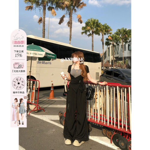 安妮不火  酷感不设限松弛感可调节伞兵裤女微胖大码宽松显瘦长裤