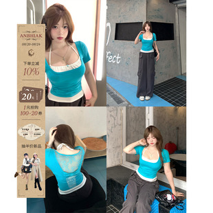 蝶漏锁光背氛围感后背蕾丝T恤女微胖大码 安妮不火 纯欲上衣两件套