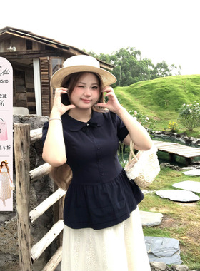 安妮不火 告白手信学院派冰感娃娃领衬衫女微胖大码收腰短袖上衣