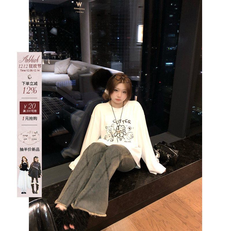 安妮不火 俏皮减龄手工狗狗印花宽松T恤女秋微胖大码美式显瘦上衣