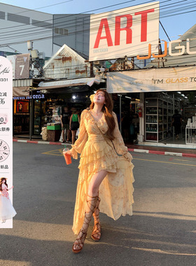 安妮不火 碎花荷叶边V领雪纺度假连衣裙女春微胖大码不规则长裙子