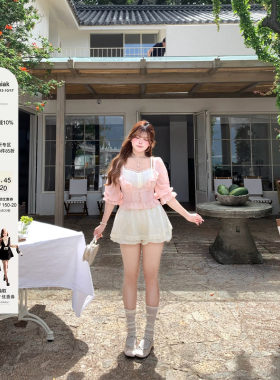 安妮不火 雪纺衫&吊带&裤裙少女风三件套女微胖大码甜美减龄套装