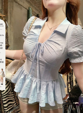 安妮不火 盐系泡泡袖荷叶边收腰肌理感衬衫女微胖大码V领抽绳小衫