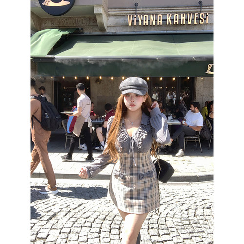 安妮不火 格纹拼接蝴蝶结木耳边领连衣裙女微胖大码少女风格子裙