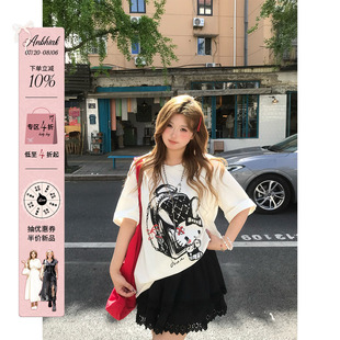 安妮不火 上衣 甜睫漫刊甜酷kitty印花针织T恤女微胖大码 宽松短袖