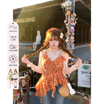 安妮不火 泡泡雪纺纱不规则荷叶边碎花吊带女微胖大码设计感小衫