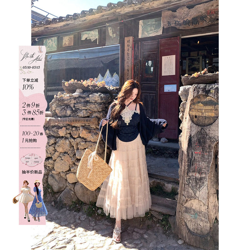 安妮不火 提花蕾丝吊带+网纱亮片半裙套组微胖大码渡假风三件套装