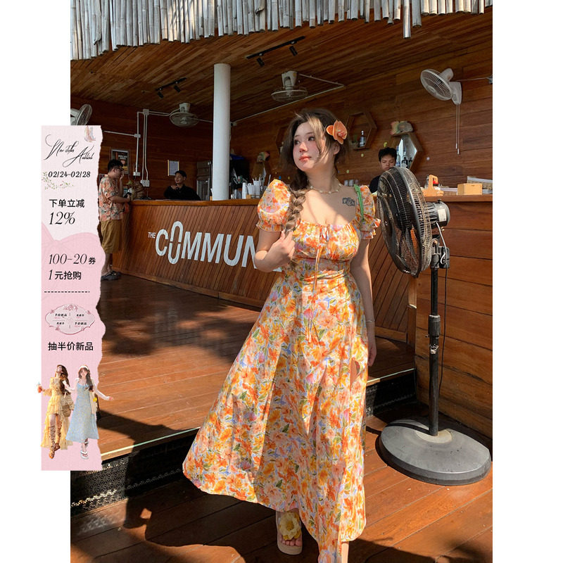 安妮不火海边度假纯棉碎花长裙女2025春夏新款微胖大码收腰连衣裙