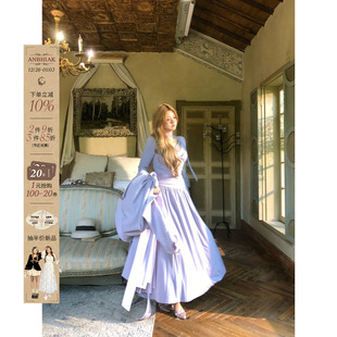 安妮不火 收腰长裙 软糯垂感蕾丝拼接V领针织连衣裙女秋冬微胖大码