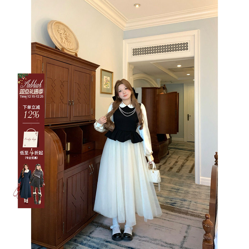 安妮不火 重磅款千金风撞色网纱连衣裙女微胖大码拼接荷叶边裙子