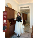 安妮不火 重磅款千金风撞色网纱连衣裙女微胖大码拼接荷叶边裙子