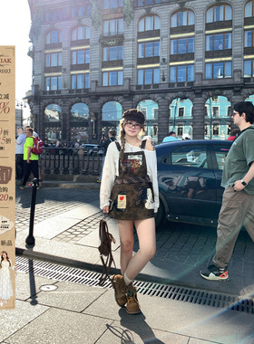 安妮不火  巴恩荒原蜡感做旧皮裙女2025秋新款微胖大码美式背带裙