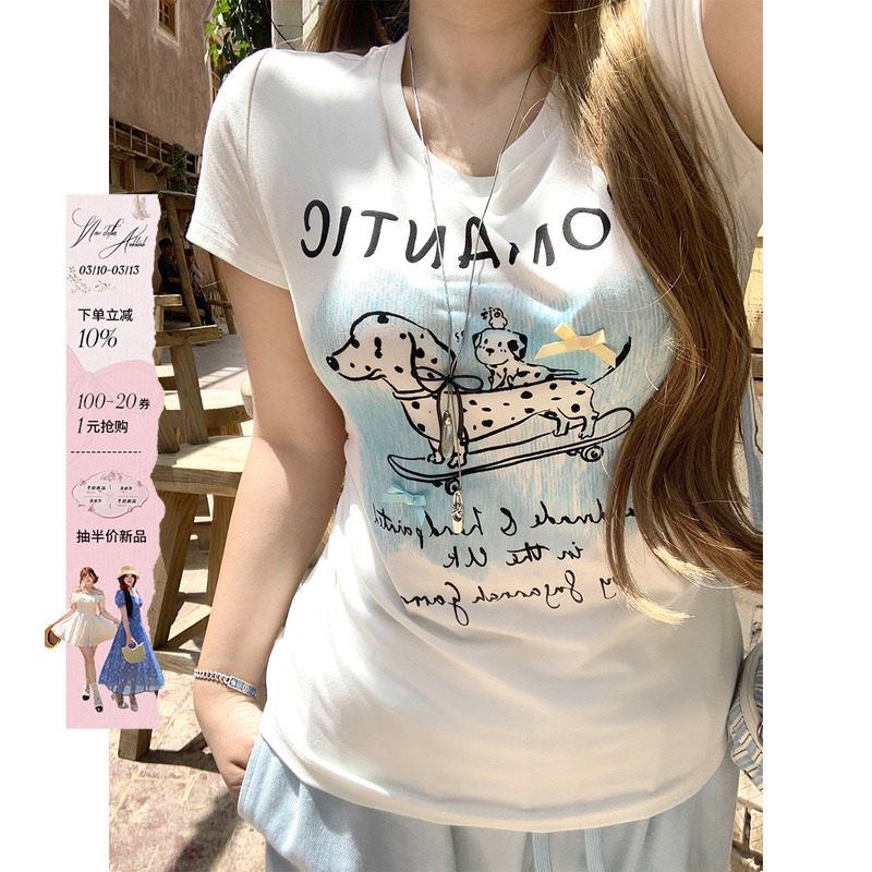 安妮不火 氣水海盐番甜酷斑点狗印花T恤女夏微胖大码收腰短袖上衣