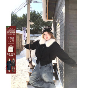 防风小外套 短款 安妮不火 复合银狐绒蓬松毛领收腰卫衣女微胖大码