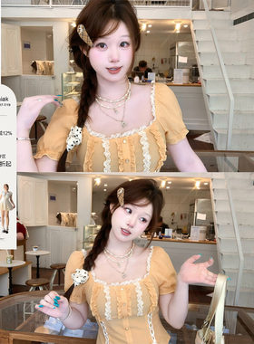 安妮不火 法式甜妹撞色刺绣花边绑带衬衫女微胖大码少女感短上衣