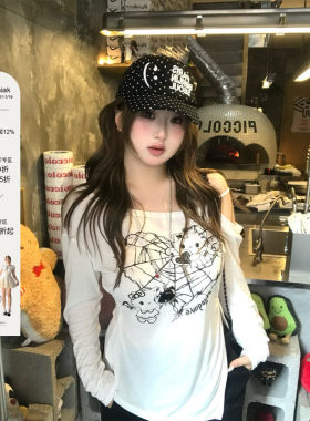 安妮不火 喵叽契约甜酷kitty印花露肩罩衫女微胖大码宽松显瘦上衣