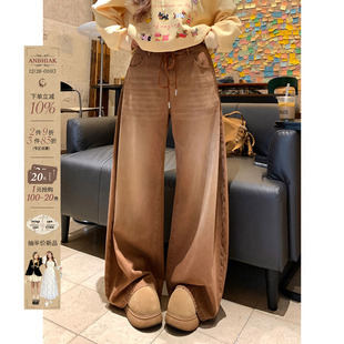 宽松抽绳镰刀裤 安妮不火 女微胖大码 水洗做旧系带弯刀牛仔裤 美式