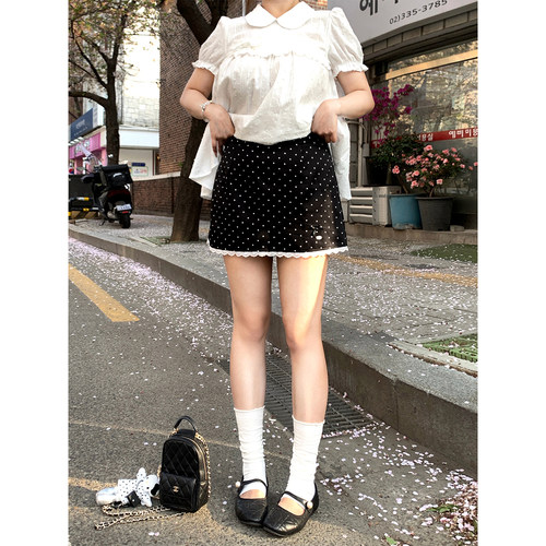 安妮不火 韩系缎面波点蕾丝花边拼接半身裙女微胖大码A字小短裙子