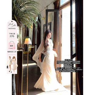 安妮不火银戒吻痕气质鱼骨雪纺女神拖尾裙女新款微胖大码半透视裙