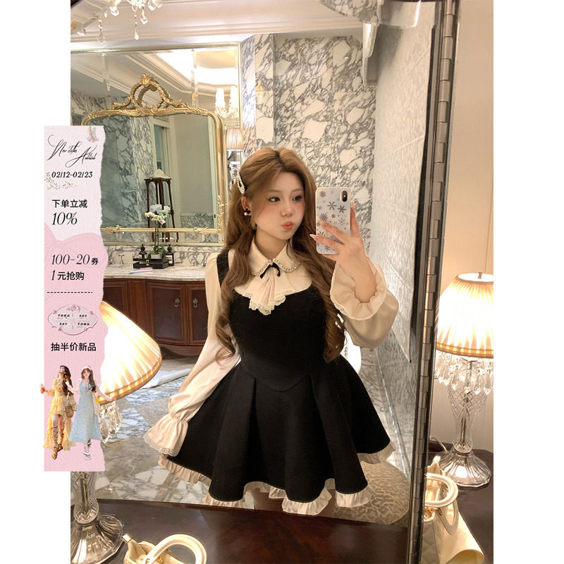 安妮不火 钉钻娃娃领缎面拼呢料连衣裙女微胖大码假两件千金裙子